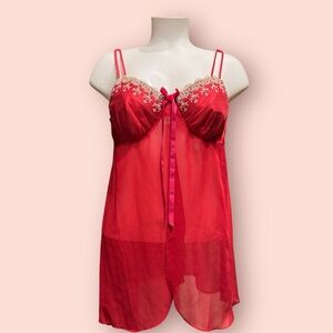 Red/Gold Sheer Split Babydoll Chemise Mini Dress